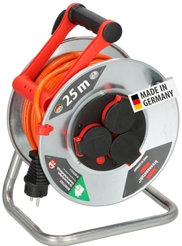 Brennenstuhl Garant S V2 IP44 Kabeltrommel 25m outdoor (Made in Germany, Kabel in Signalfarbe orange, Stahlblech, kurzfristiger Einsatz im Außenbereich)