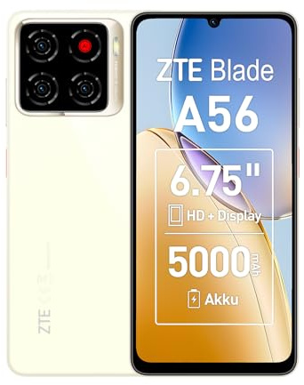 ZTE Blade A56 Smartphone ohne Vertrag, 6,75 HD+ Display (90 Hz), 4G LTE, 4GB RAM+64GB Speicher, 13MP KI-Kamera, 8MP Frontkamera, Dual SIM, Android 13, Gold (2025 Modell)
