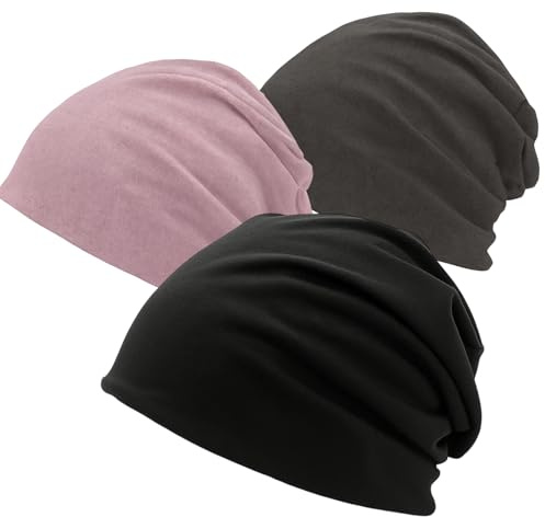 JazRvr 3 Stück Beanie Damen, Dünne Baumwollmützen, Atmungsaktive Chemo Kopfbedeckung Damen, Beanie Damen Chemo Mütze, Atmungsaktive Schlafmütze, Yoga und Fitness, Schwarz, Rosa, Beige