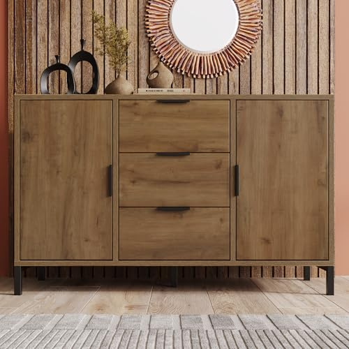 Merax Sideboard Kommode mit 2 Türen und 3 Schubladen 120 cm, Buffetschrank mit Verstellbares Ablage, Aufbewahrungsschrank in Dunkle Eiche, Metallbeinen, für Schlafzimmer, Wohnzimmer, 120x40x76 cm