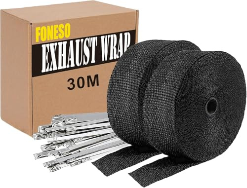 30M Hitzeschutzband Auspuff,Foneso auspuffband,Hitzeschutz Auspuff Bandage,Schwarz Hitzeschutzband mit 24 Kabelbinder Edelstahl,für Motorrad Fächerkrümmer Thermoband Krümmerband