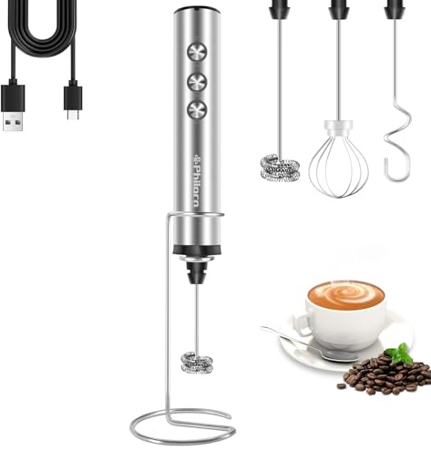 Philorn Elektrischer Milchaufschäumer Stab mit 3 Edelstahl-Schneebesen und Ständer - 3 Einstellbare Geschwindigkeiten, Aufschäumer für Milch, Kaffee, Latte, Cappuccino, Matcha (Silber)