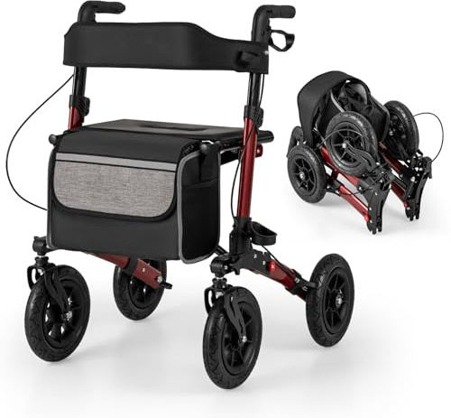 COSTWAY Rollator mit Luftbereifung, faltbar und leicht mit Sitz, Aluminium, bis 140 kg, 2 in 1 Rollstuhl & Reiserollator, Gehhilfe 7-fach höhenverstellbar, Gehwagen mit Tasche & Stockhalter (Rot)