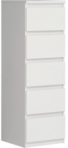 FORTE Chelsea Schmale Kommode 42 mit 5 Schubladen, Weiß, 41,8 cm breit x 128 cm hoch x 42,2 cm tief