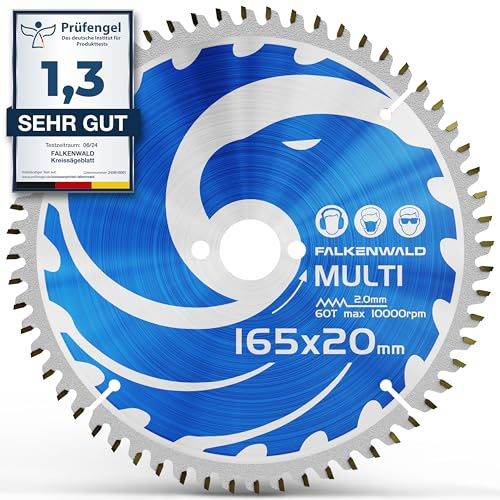 FALKENWALD ® Kreissägeblatt 165x20 mm ideal für Holz, Metall & Alu - kompatibel mit Tauchsäge & Kreissäge von Bosch & Makita - Multi Sägeblatt 165 x 20 aus hochwertigem Hartmetall
