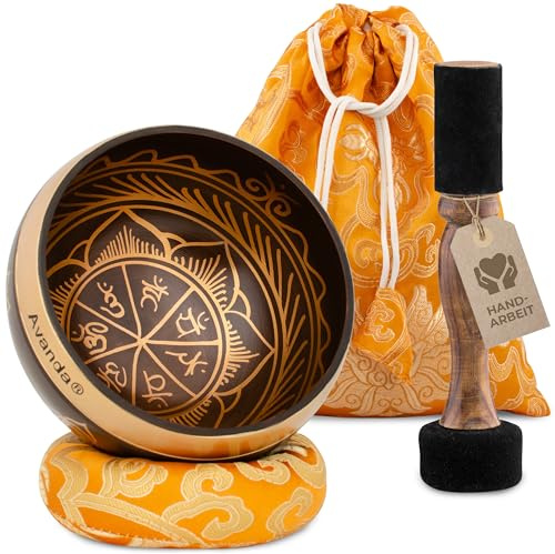 Tibetisches Klangschalen-Set Chakra für Yoga, Meditation und Entspannung - handbemalte Tibetische Klangschale Ø 10 cm, Doppel-Schlägel mit Filz und Leder, Ring-Kissen, Beutel und Anleitung