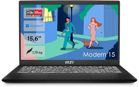 MSI Modern 15 Lifestyle & Business Laptop, 15,6 Zoll Full HD Display, AMD Ryzen 5 7530U Prozessor, 16 GB DDR4 RAM, 512GB SSD, AMD Radeon Graphics, Windows 11 Home, Schwarz, B7M-284
