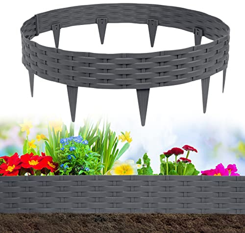 UISEBRT Rasenkante Kunstoff 5m Beeteinfassung Gartenzaun Beetumrandungen Rattan-Optik Randsteine Palisaden Garten Dekorativ Border Blumenbeet Gartenpalisade, Anthrazit