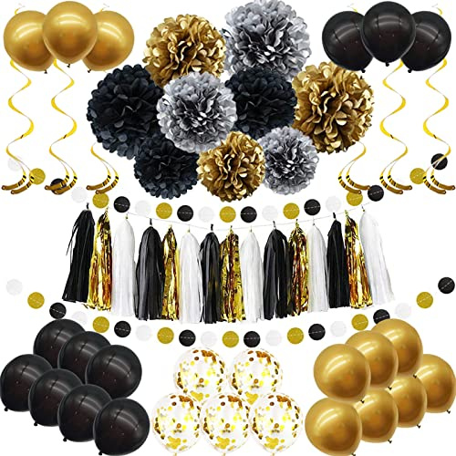 Partydekorationsset, 57 Stück Schwarz Gold Party Dekoration DIY Luftballons, Papierbommeln für Party, Geburtstag, Neujahr, Heimdekoration