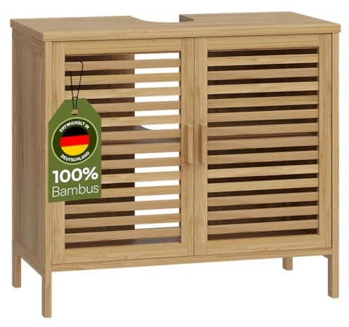 Bellamio Newa Waschbeckenunterschrank Bambus – Badezimmer Unterschrank für Waschbecken mit 2 Türen – Badunterschrank mit 2 Fächern – Waschtischunterschrank Bad 60x65x33 cm