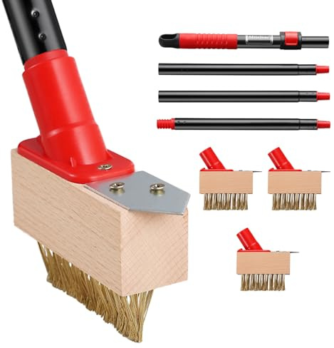 Mitclear Unkrautbürste mit Teleskopstiel(135cm), Garten Fugenbürste mit Drahtbürste & Klingenschaber, Fugenkratzer zum Entfernen Unkraut & Moos von Plattenfugen und Mauerkanten (3 Bürstenköpfe)