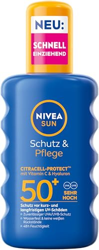 NIVEA SUN Schutz & Pflege Sonnenspray LSF 50+, wasserfeste Sonnencreme mit Vitamin C & Hyaluron, schnell einziehender Sonnenschutz für 48h Feuchtigkeit (200 ml)