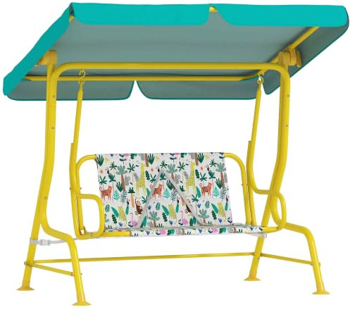 AIYAPLAY Kinder Hollywoodschaukel 2-Sitzer mit Sonnendach 3-6 Jahre Grün | Kinderschaukel Gartenschaukel, Verstellbarem Sonnendach, Sicherheitsgurt, Schaukelbank, Garten Terrasse, Bis 60 kg