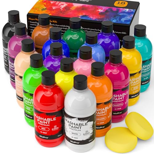 Nicpro 18 Farben Abwaschbares Temperafarbe für Kinder, 250 ml Fingerfarben Kinder Ungiftig, Fingermalfarbe für Kunst, Handwerk diy, Poster, Schule, Weihnachten, Party, Klassenzimmer