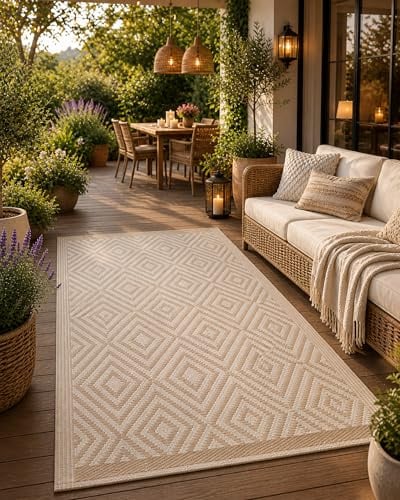 KAMACA Outdoor Teppich Raute wetterfest UV beständig wendbar für Balkon Terrasse Garten Wohnmobil Camping Robuste Campingmatte für alle Außenbereiche (Teppich 80 x 150 cm beige weiß)