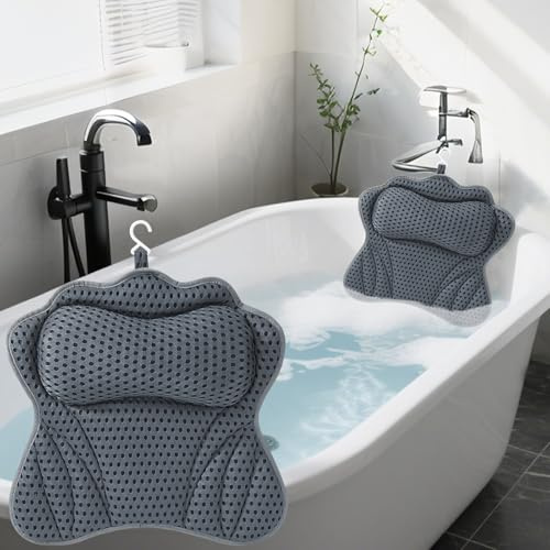 Badewannenkissen, 4D Air-Mesh mit Unterstützung für Kopf, Nacken, Schultern und Rücken, Spa-Kissen, geeignet für alle Bäder (Grau)