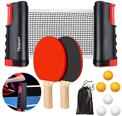 FBSPORT Tischtennis Set Profi für Tisch mit 2 Tischtennisschläger + Einziehbarem Netz + 6 Tischtennis-Bälle + 1 Tragetasche, Table Tennis Set für Erwachsene Familien Indoor Outdoor