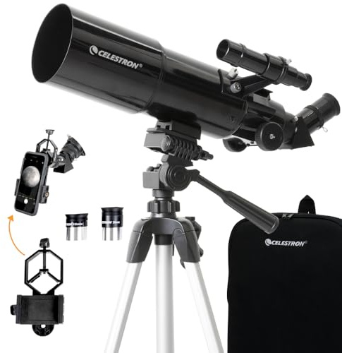 Celestron 22030 Travel Scope Portable Refractor Telescope with 80mm Lens, Fully-Coated Glass Optics, Bonus Astronomy Software Package and Digiscoping Smartphone Adapter