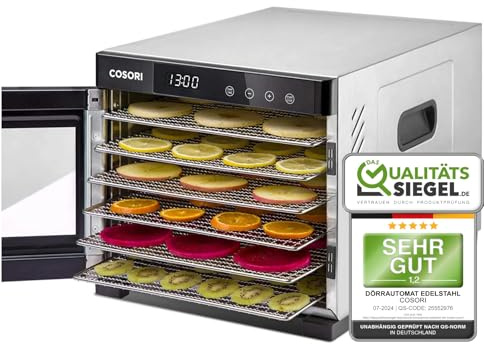 COSORI Dörrautomat edelstahl, Food Dehydrator mit 50 Rezepte, inkl. 6 Edelstahl-Dörrtabletts, 3 Dörrgitter, 3 Dörrmatte, große Fläche 0,6 m², 48 Std. Zeitschaltuhr, LED-Display (35°-75°C) und 650W