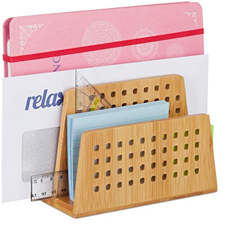 Relaxdays Dokumentenhalter Bambus, 2 perforierte Fächer, Natur | praktischer Briefständer, Bürobedarf, Briefhalter DIN A5