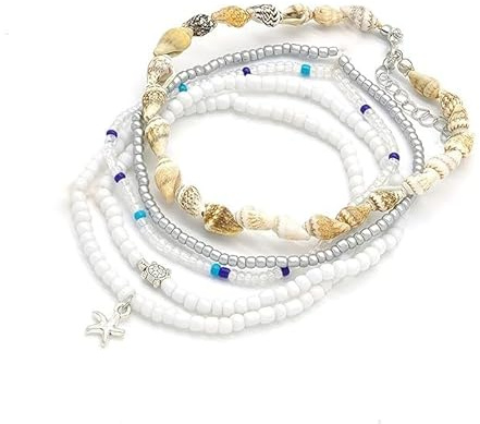 BelleVive 5er Set Perlen Fußkettchen, Verstellbares Gold Boho Muschel Fußkettchen, Hawaii Strand Muschel Perlen Scheibe Seestern Conch Fußschmuck, Sommer Mode Geschenke für Frauen