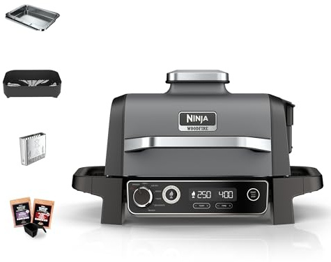 Ninja Woodfire Elektrogrill, Camping-Grill mit Smoker-& Heißluftfritteuse, 7-in-1-Outdoor Grill, räuchern, braten, backen, wetterfest, antihaftbeschichtet, tragbar, Grau/Schwarz OG701EU