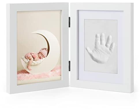 chuckle Baby Handabdruck und Fußabdruck Set – Weißer Doppel-Bilderrahmen aus Holz (für 13x18 cm Fotos) mit Modelliermasse, Rolle & Anleitung – Erinnerungsstück und Geschenk zur Geburt oder Babyparty