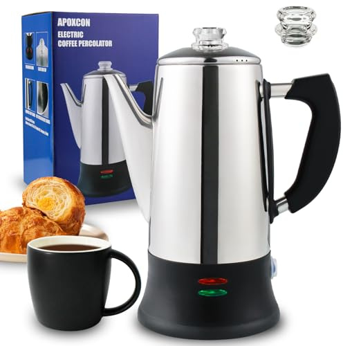 APOXCON Elektrischer Kaffee Perkolator für 12 Tassen, Schnellbrüh-System mit hitzebeständigem Glasknopf für Zuhause und Büro, Kabellos, CE-Zertifiziert