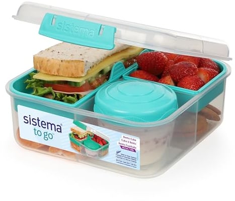 Sistema Bento Box TO GO Brotdose mit Fächern | 1,25 L Lunchbox mit Joghurt-/Fruchtbehälter | Lunchbox Kinder & Erwachsene | Blaugrün