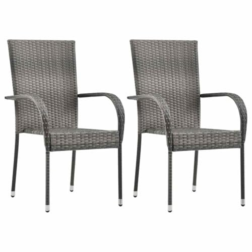vidaXL 2X Gartenstuhl Stapelbar Stapelstuhl Stapelsessel Essstuhl Sessel Stuhl Lehnstuhl Balkonstuhl Terrassenstuhl Grau Poly Rattan