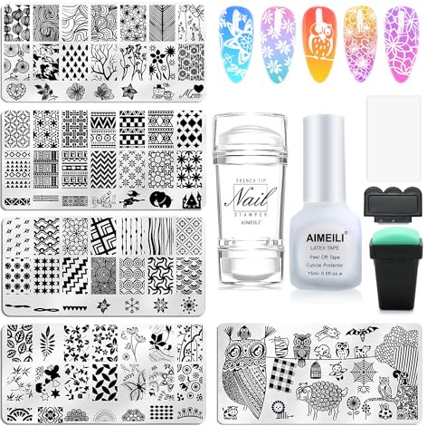 AIMEILI Nail Art Plates Nagelstempel Maniküre Tool Kit 5Pcs Nagel Stamping Schablonen, 2 Stempel, 2 Schaber, 1 Latex Peel Off Tape