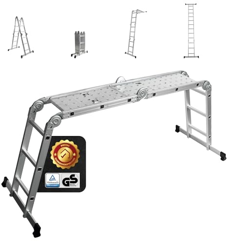 siwitec Mehrzweckleiter 4 x 3 Stufen, Leiter mit 2 Gerüstplatten, Sprossenleiter bis 150 kg, Stehleiter, Aluleiter, Haushaltsleiter, 12 Stufen, TÜV/GS Zertifiziert