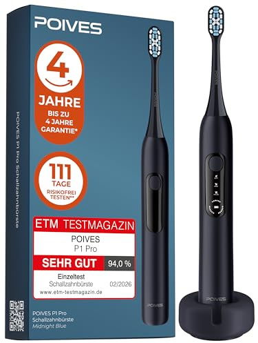 Schallzahnbürste Testsieger 2026* POIVES P1 Pro - Bestnote SEHR GUT**, 4 Jahre Garantie & 111 Tage Risikofrei testen***, Drucksensor schützt Zähne, Ultraschall Elektrische Zahnbürste, Midnight Blue