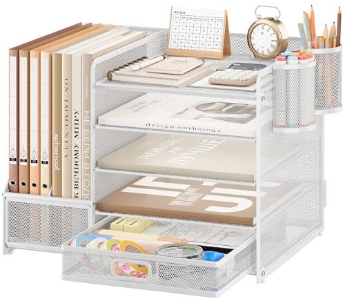 VITVITI Schreibtisch Organizer, 5 Ebenen Briefablage mit Schubladen, Aktenhalter mit 2 Stiftehalter, Büro Organizer mit Stehsammlere, Bürobedarf für A4 Dokumentenablag (Weiß)