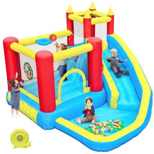 DIYJOTOFUN hüpfburg Kinder mit rutsche und kletterwand, hüpfburg gebläse inklusive, innen und außen hüpfmatratze für Kinder Bouncy Castle 3-10 Jahre 274 x 310 x 218 cm Outdoor hüpfburgen (Langrutsche)