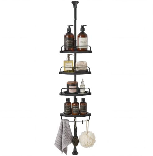 SONGMICS Duschregal, Eckregal Bad, mit 4 Ablagen, höhenverstellbar | Badregal, Badezimmer-Regal, Teleskopregal Bad 95-315 cm, Schwarz, PARSON Kollektion BCB001B01