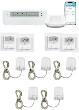 Homematic IP Motorische Fußbodenheizungssteuerung für 4 Räume. Smart Home Set: Access Point, 4 Funk Wandthermostate, 5 Stellantriebe und 1 Fußbodenheizungsaktor. Mit App und Alexa kompatibel.