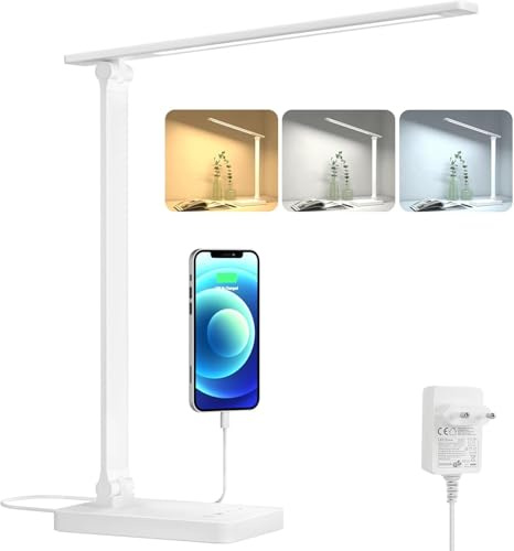 Lepro LED Schreibtischlampe 15W, 655LM, 3 Farbmodi & 5 Helligkeitsstufen | Dimmbar, USB-Anschluss, Tischleuchte Tageslichtlampe Augenschutz Leselampe für Kinder, Büro, Nachttisch,Arbeitszimmer,Weiß