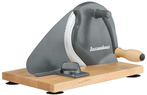 Zassenhaus Brotschneidemaschine manuell CLASSIC | Grau | Solinger Klingenstahl | Schnittstärken: 1-18mm | Brett und Kurbel aus Buchenholz | 30 × 25,5 × 19cm