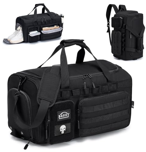 BAGZY Arbeitstasche Herren 40L Taktische Reisetasche Sporttasche mit Rucksackfunktion Einsatztasche Polizei Trainingstasche mit Schuhfach Nassfach Groß Rucksack für Gym Fitness Weekender Schwarz