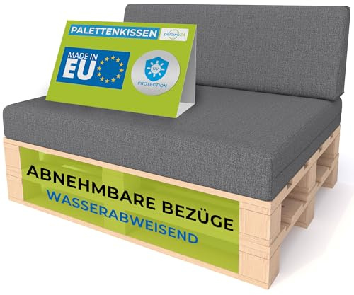 Pillows24- Palettenkissen 2-teiliges Set | Palettenauflage für Palettensofa | Rückenkissen & Sitzkissen für Europaletten | Palettenmöbel für Indoor & Outdoor mit UV-beständig | Made in EU | Dunkelgrau