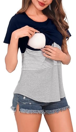 Bresdk Stillshirt Damen Kurzarm Umstandstop mit Doppelschicht Baumwolle | Diskrete doppelschichtige Vorderseite ermöglicht ein müheloses, schnelles und geschütztes Stillen im Alltag