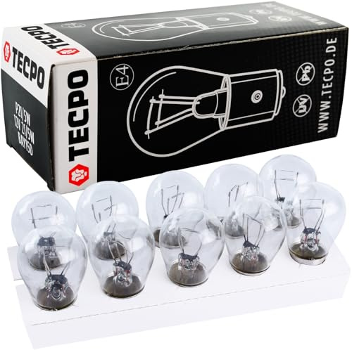 TECPO 10x Glühbirnen P21W 12V 21W mit E-Prüfzeichen, ideal für Bremslicht, Rückfahrleuchte und Tagfahrlicht, Doppelfaden, höhenversetzte Pins, universelle Kugellampen für Bremsleuchte & Rückfahrlicht