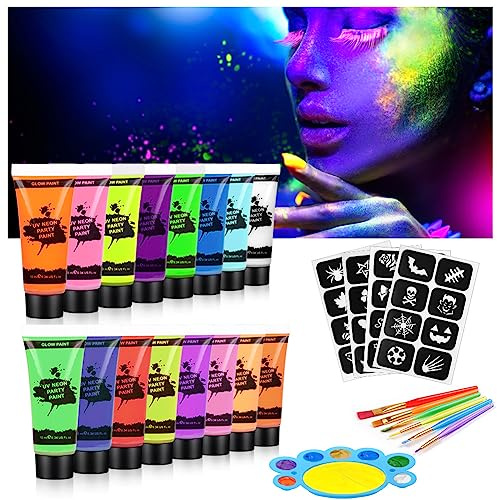 AOOWU UV Bodypainting, 16 Farben Schminke Glitzer Gesichtsfarbe und Körperfarbe, Schwarzlicht Set, Fasching Make-up