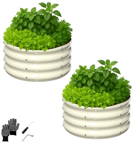 LEADZM Hochbeet Metall 60x60x30 cm (2er-Set) - Orbicular hochbeete für Garten Metall ohne Sockel - Mit Zubehörsatz & Handschuhen - Leicht aufzubauen, wetterfest & langlebig, Cremeweiß (leicht beige)