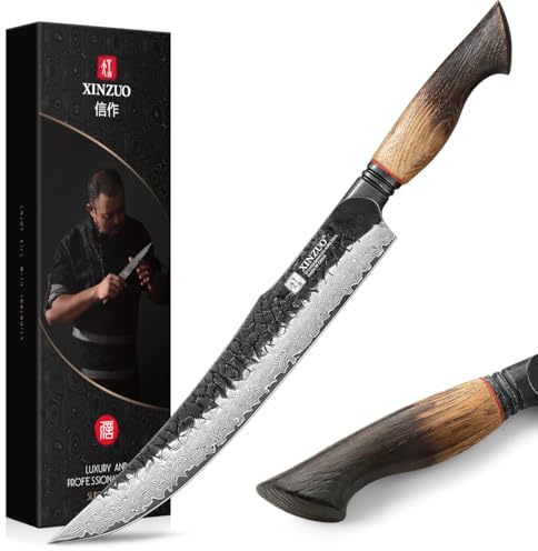 XINZUO 25,5cm Tranchiermesser Damaststahl Fleischmesser -Multifunktions Kochmesser Professionelles Scharf Geschmiedet Küchen Chefmesser Grillbesteckmesser -Griff aus Weißeiche -Exquisite Geschenkbox