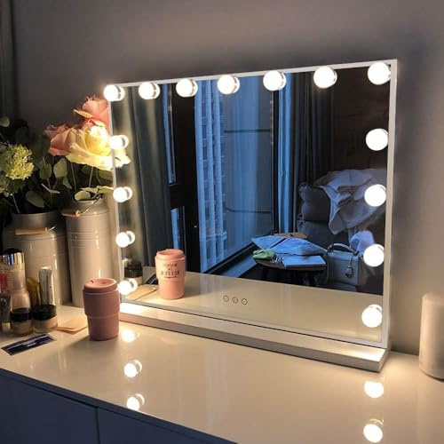 FENCHILIN Schminkspiegel mit Beleuchtung mit 15 LED Lampen 58x46cm | Hollywood spiegel mit USB Type C 3 Lichtmodi 10X Vergrößerungsspiegel gehärtetes Glas ideal für Schminktisch Schlafzimmer