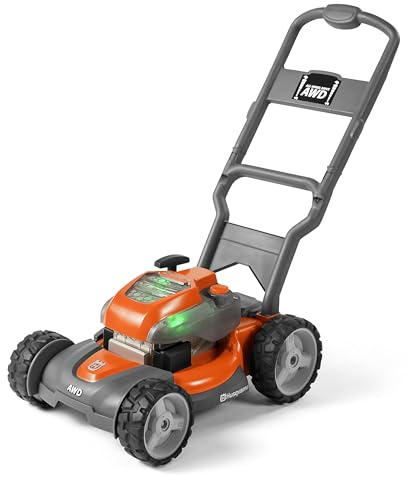 Husqvarna Spielzeug Rasenmäher – Kinder Rasenmäher mit Einschaltknopf, realistischen Motorgeräuschen & blinkenden Lichtern – Batterien enthalten – Garten-Spielzeug ab 3 Jahren