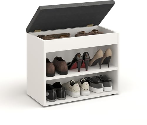 KOMTO Schuhbank mit Sitzfläche - Schuhregal Bank mit Stauraum Weiß 60 x 48 x 32 cm Kleiner Schuhschrank mit Sitzbank Flur Bank Garderobenbank Sofia