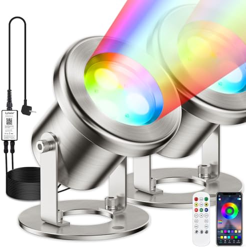 LyLmLe Teichbeleuchtung LED Unterwasser mit APP-Kontrolle, 6W RGB Poolbeleuchtung Unterwasser mit Transformator & Timer, IP68 Wasserdicht Teichlicht für Wasserfall Brunnen, Schwarz Kabel (2 Lichts)